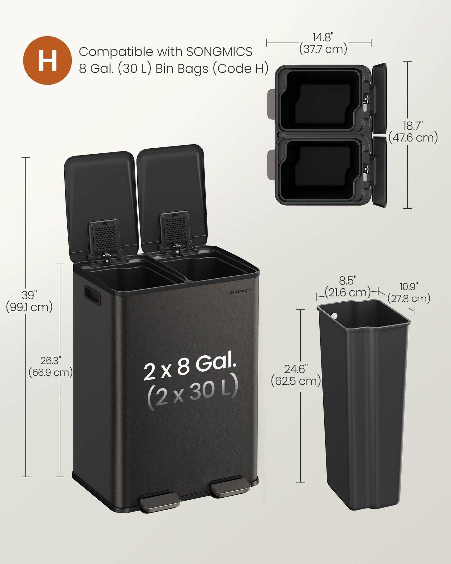 28 Gal (230L) Dual Trash Can, Soft-Close, Pedal, Stainless Steel, Gray