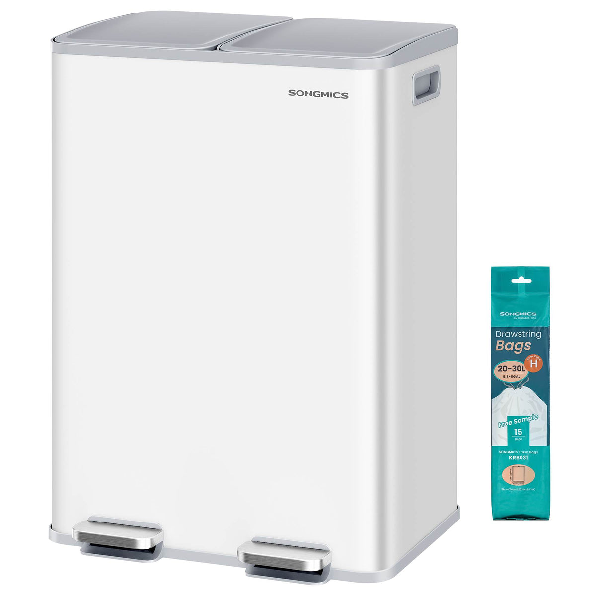 28 Gallon (230L) Dual Trash Can, Soft-Close, Pedal, Removable Buckets, White