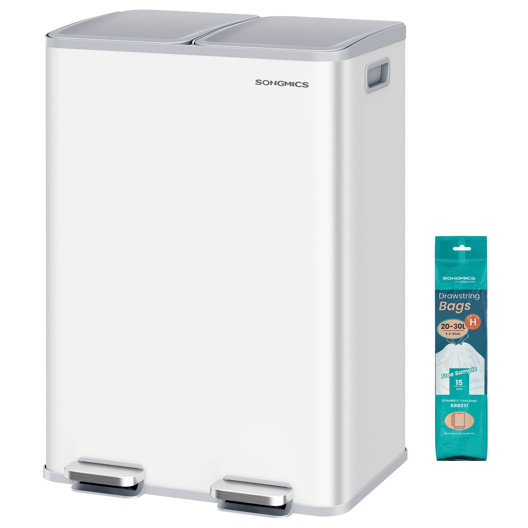 28 Gallon (230L) Dual Trash Can, Soft-Close, Pedal, Removable Buckets, White