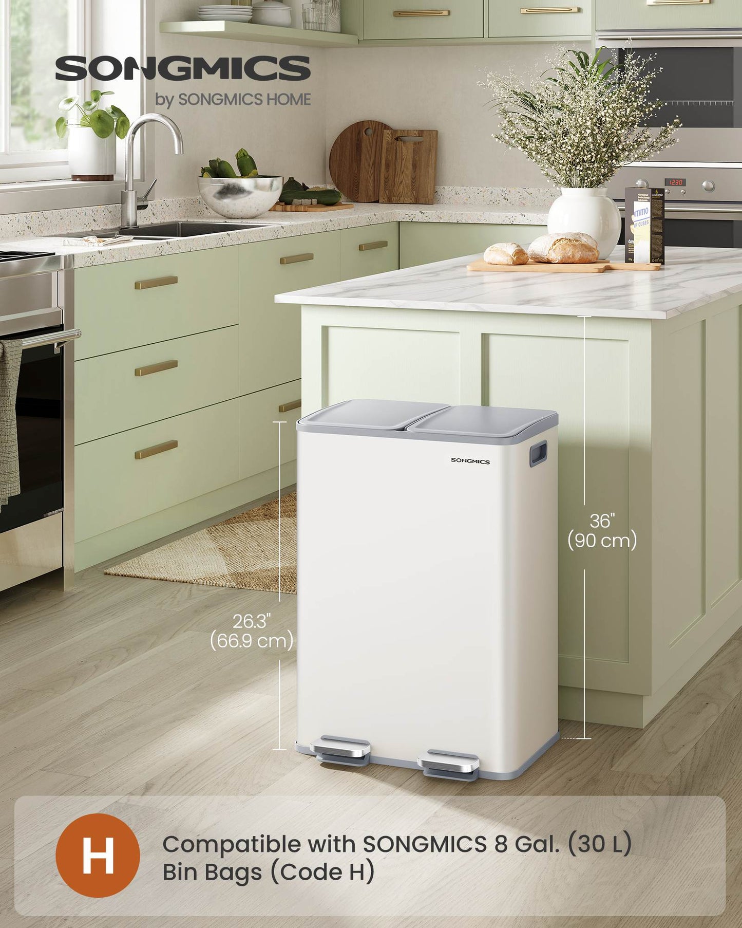28 Gallon (230L) Dual Trash Can, Soft-Close, Pedal, Removable Buckets, White