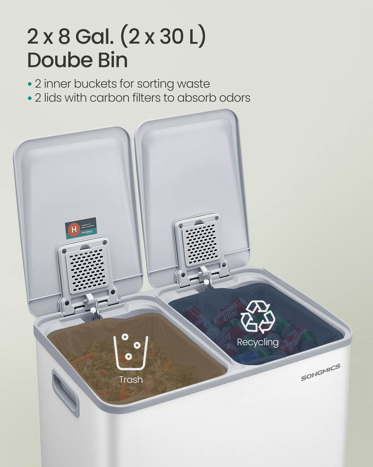 28 Gallon (230L) Dual Trash Can, Soft-Close, Pedal, Removable Buckets, White
