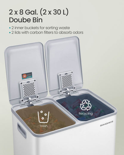 28 Gallon (230L) Dual Trash Can, Soft-Close, Pedal, Removable Buckets, White