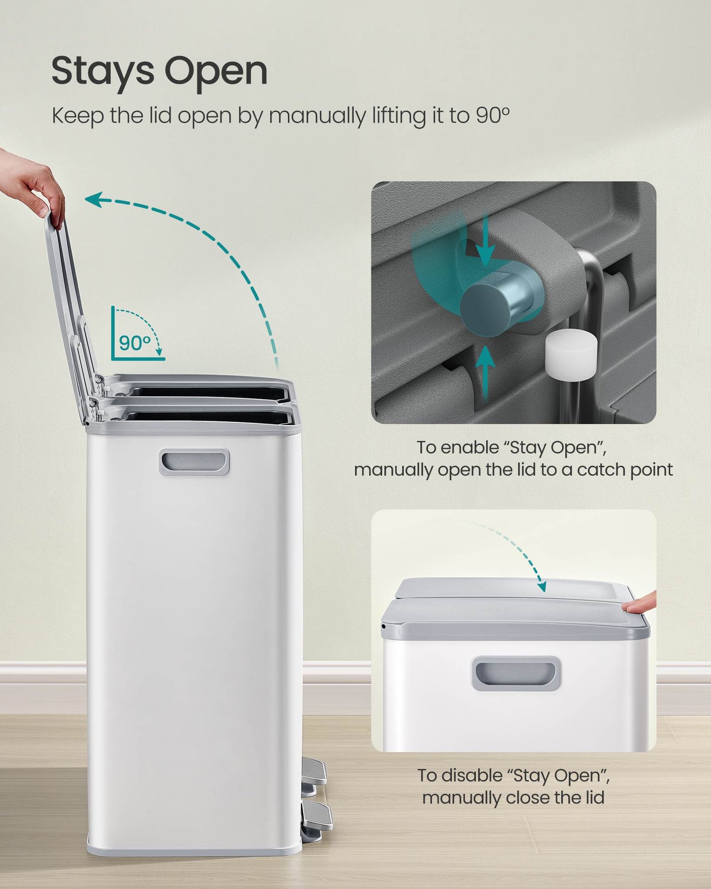 28 Gallon (230L) Dual Trash Can, Soft-Close, Pedal, Removable Buckets, White