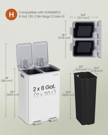28 Gallon (230L) Dual Trash Can, Soft-Close, Pedal, Removable Buckets, White