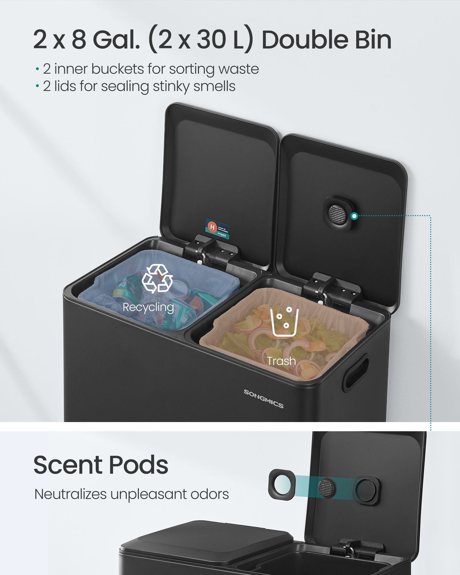 Trash Can, 2 x 8 Gallon (2 x 30 L) Double Garbage Can with Soft-Close Lids, Removable Inner Buckets, Pedals, Stainless Steel, for Waste and Recycling, Ink Black