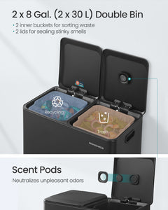 Trash Can, 2 x 8 Gallon (2 x 30 L) Double Garbage Can with Soft-Close Lids, Removable Inner Buckets, Pedals, Stainless Steel, for Waste and Recycling, Ink Black