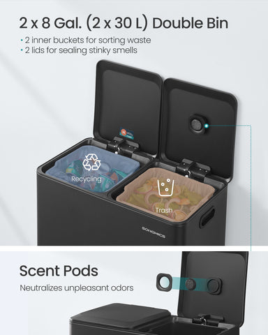 Trash Can, 2 x 8 Gallon (2 x 30 L) Double Garbage Can with Soft-Close Lids, Removable Inner Buckets, Pedals, Stainless Steel, for Waste and Recycling, Ink Black