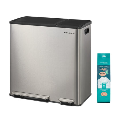 Dual-Compartment Trash Can, 13.2+5.3 Gallon, Soft-Close Lid, Stainless Steel, Silver, 15 Liners - image 1