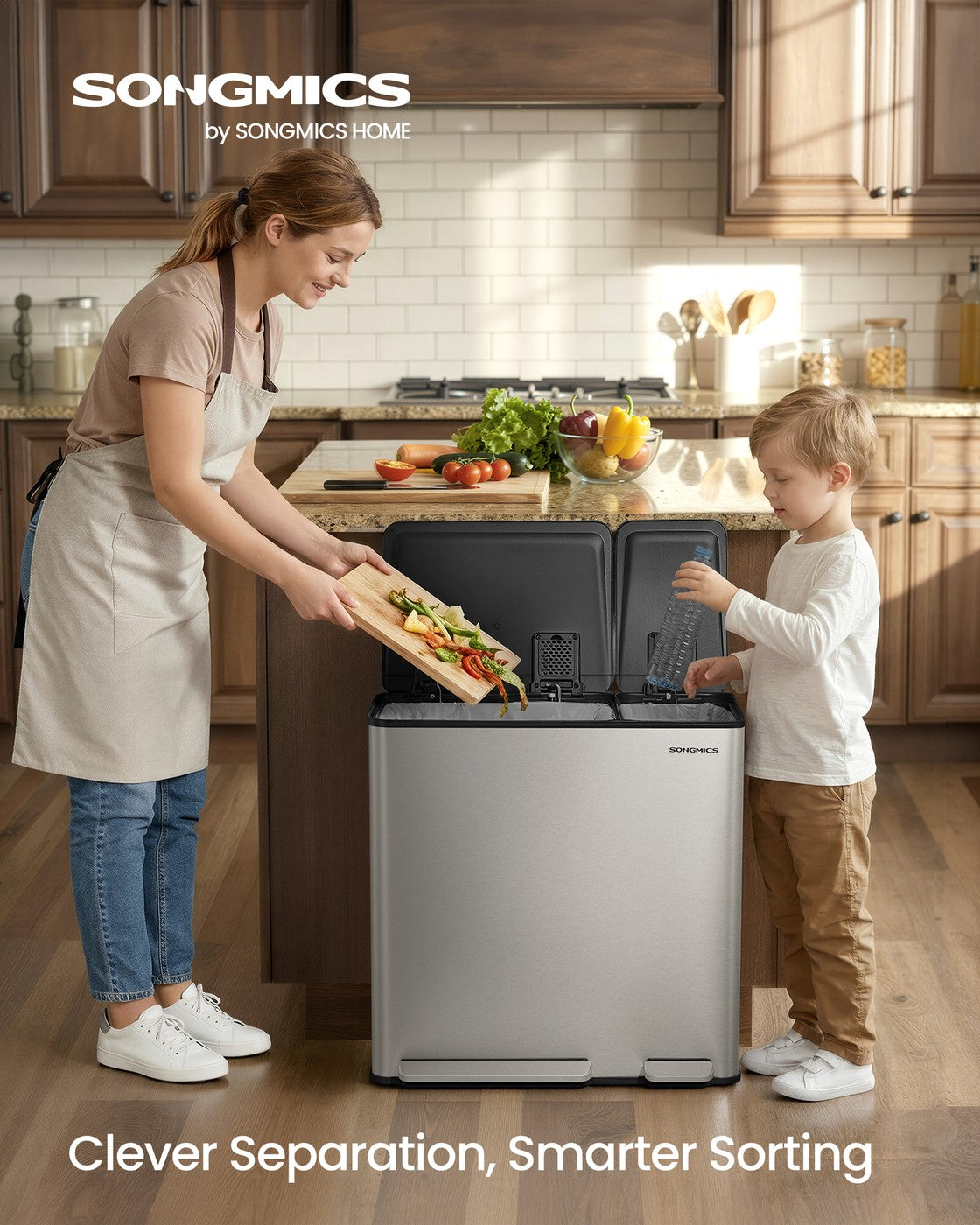Dual-Compartment Trash Can, 13.2+5.3 Gallon, Soft-Close Lid, Stainless Steel, Silver, 15 Liners - image 2