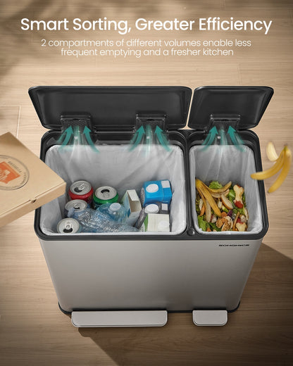 Dual-Compartment Trash Can, 13.2+5.3 Gallon, Soft-Close Lid, Stainless Steel, Silver, 15 Liners - image 3