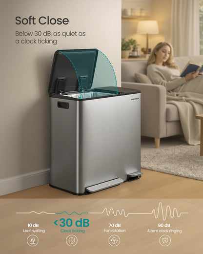 Dual-Compartment Trash Can, 13.2+5.3 Gallon, Soft-Close Lid, Stainless Steel, Silver, 15 Liners - image 6