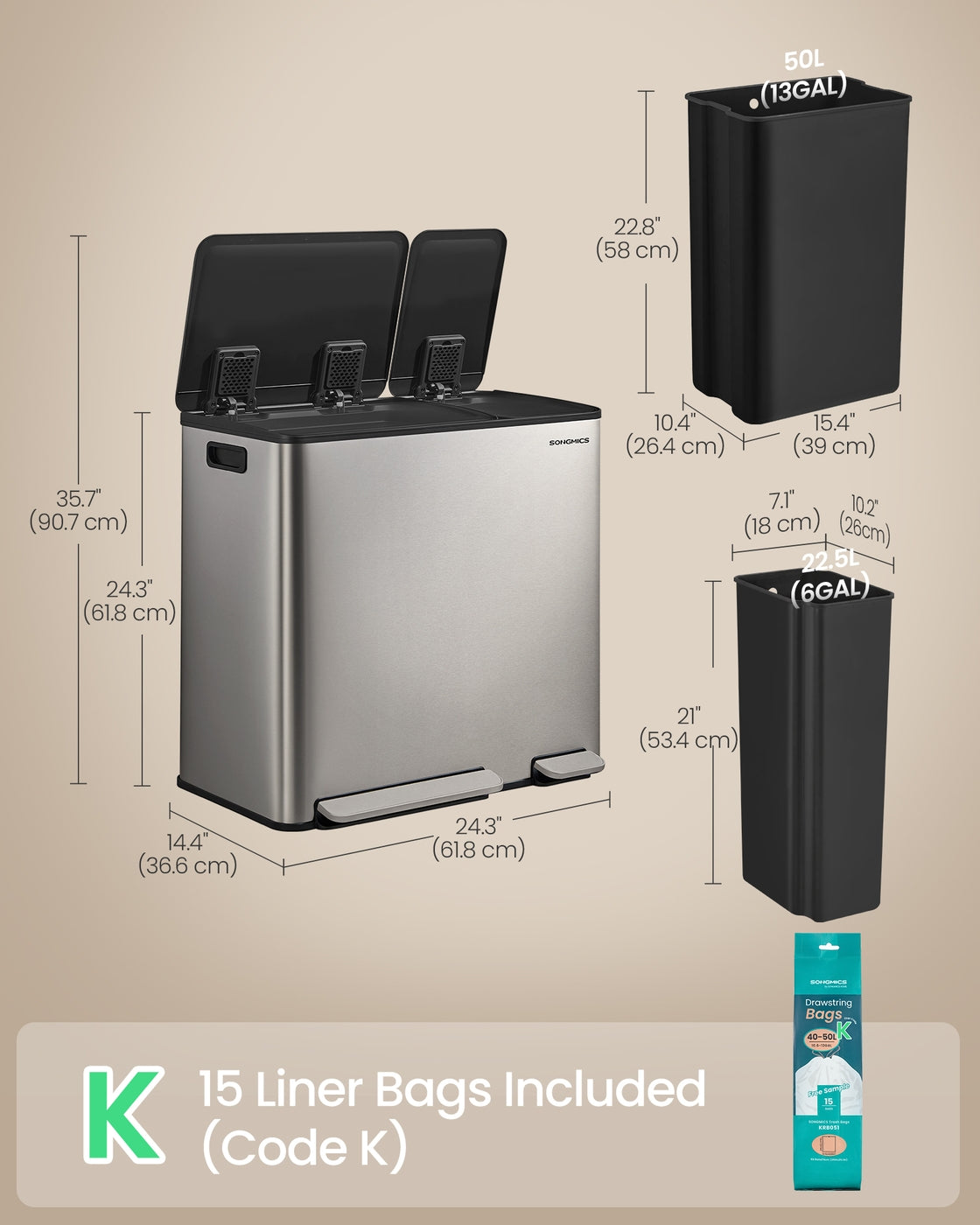 Dual-Compartment Trash Can, 13.2+5.3 Gallon, Soft-Close Lid, Stainless Steel, Silver, 15 Liners - image 7