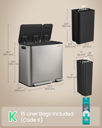 Dual-Compartment Trash Can, 13.2+5.3 Gallon, Soft-Close Lid, Stainless Steel, Silver, 15 Liners - image 7