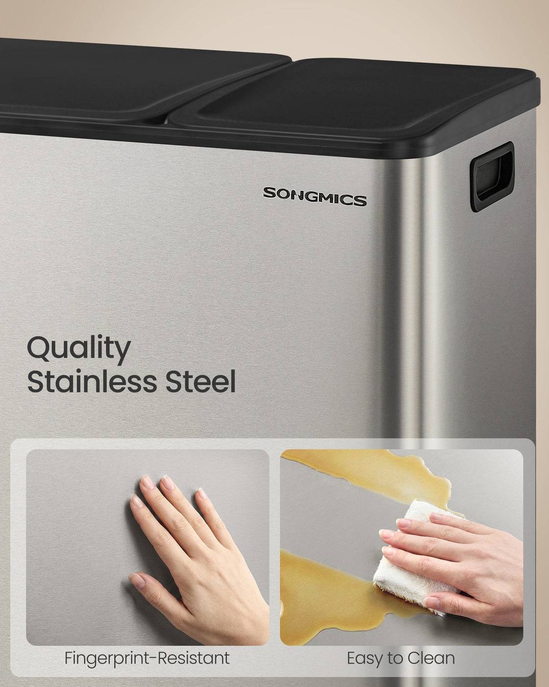 Dual-Compartment Trash Can, 13.2+5.3 Gallon, Soft-Close Lid, Stainless Steel, Silver, 15 Liners - image 5