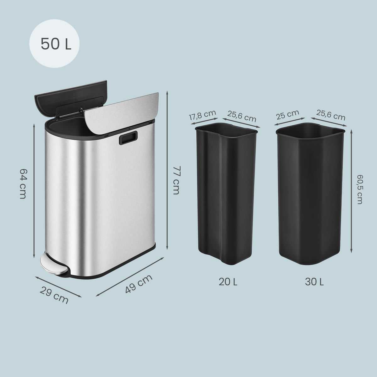 Dual Compartment Recycling Bin, 30L and 20L Pedal Kitchen Waste Bin with Slim Design, Wing Lids