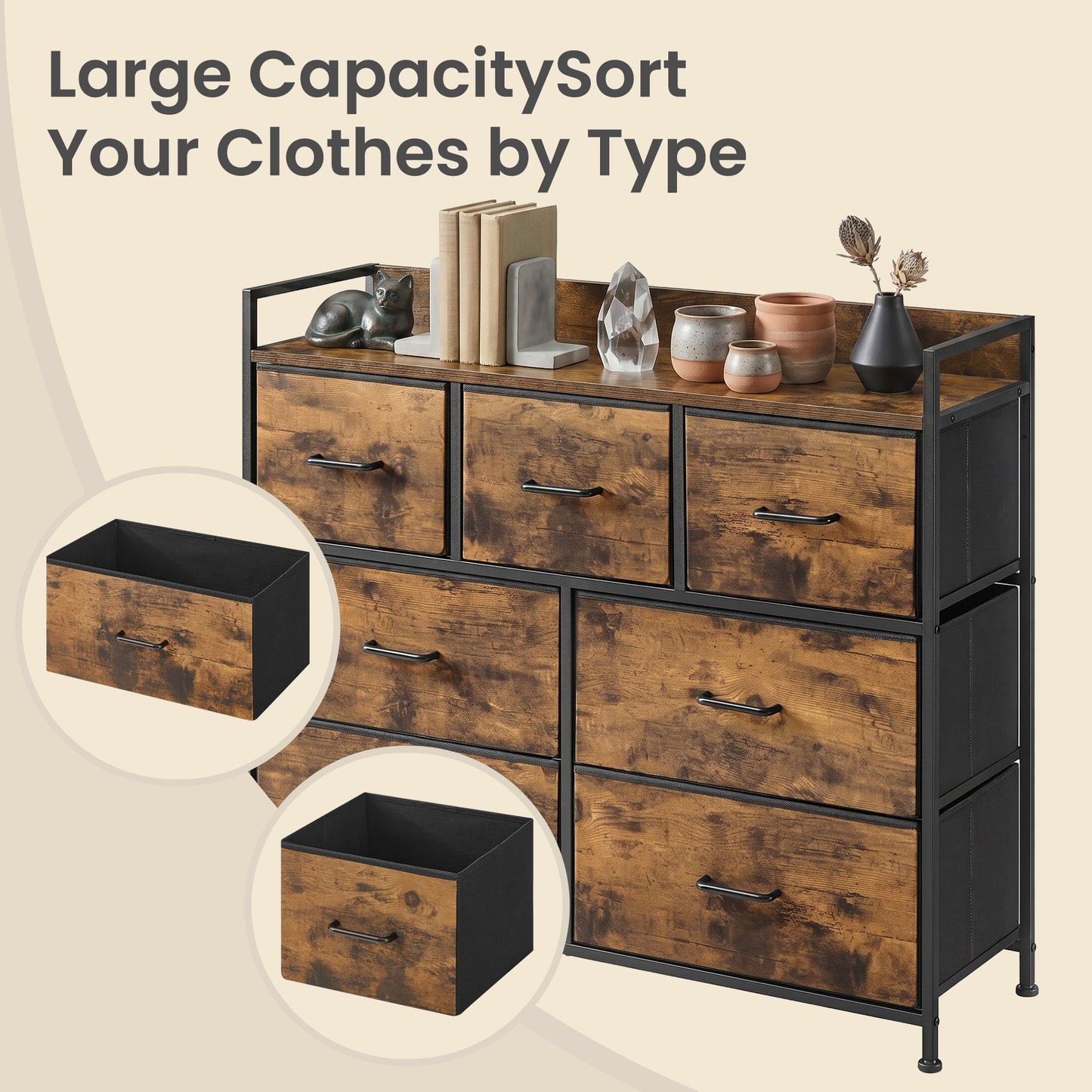 Dresser Cabinet with 7 Fabric Drawers, Metal Frame, Storage Organizer for Bedroom, Rustic Brown and Black - image 7