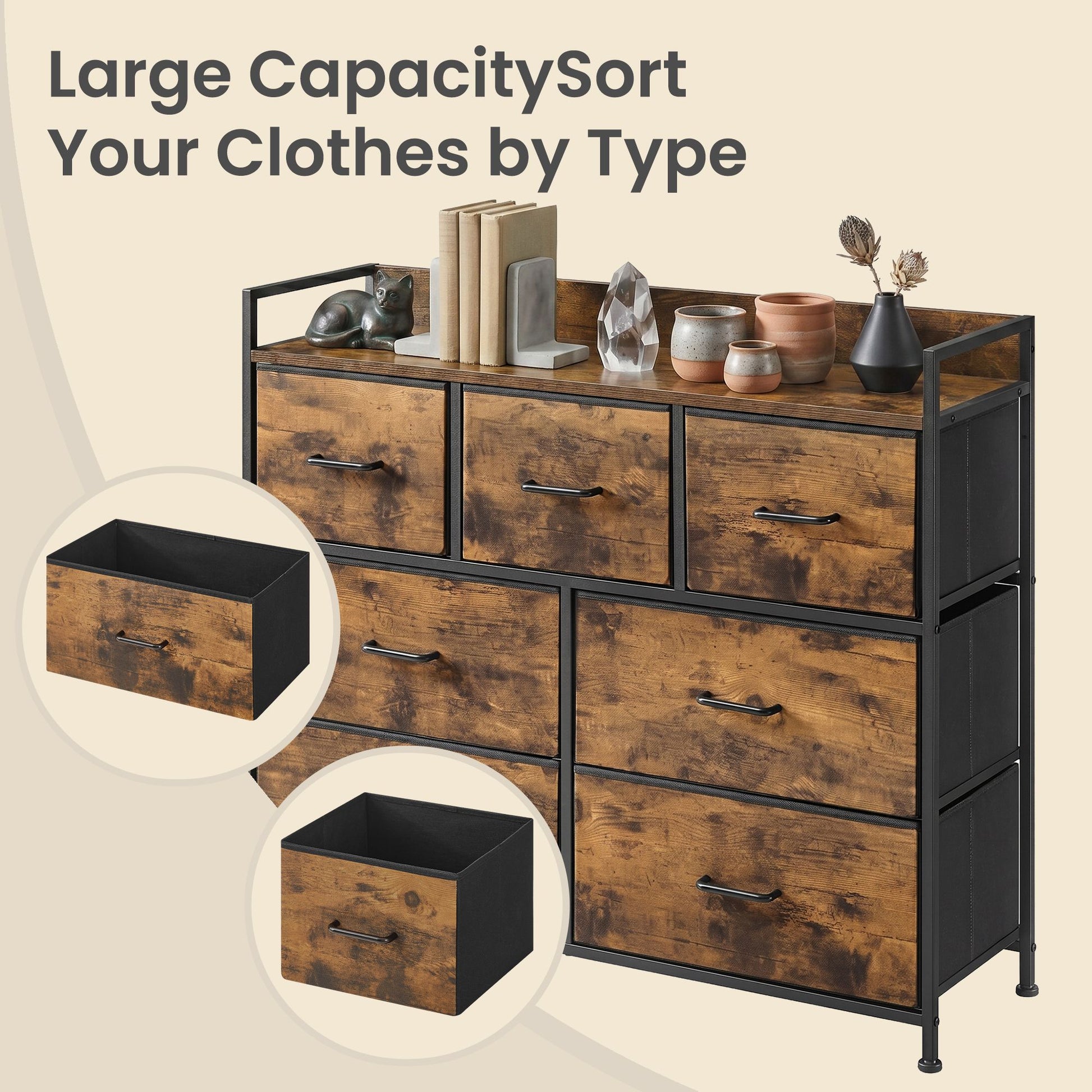Dresser Cabinet with 7 Fabric Drawers, Metal Frame, Storage Organizer for Bedroom, Rustic Brown and Black - image 7