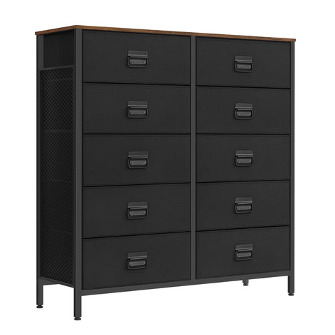 Dresser for Bedroom, Fabric Dresser with 10 Drawers, Storage Organizer Unit with Fabric Drawers, Chest of Drawers, Steel Frame, for Living Room, Entryway, Rustic Brown and Black
