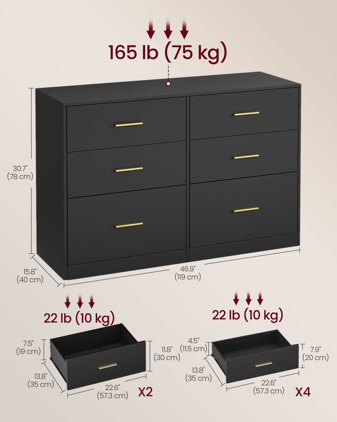 Dresser, 6-Drawer Chest, 15.8 x 46.9 x 30.7 Inches, Ink Black - image 7