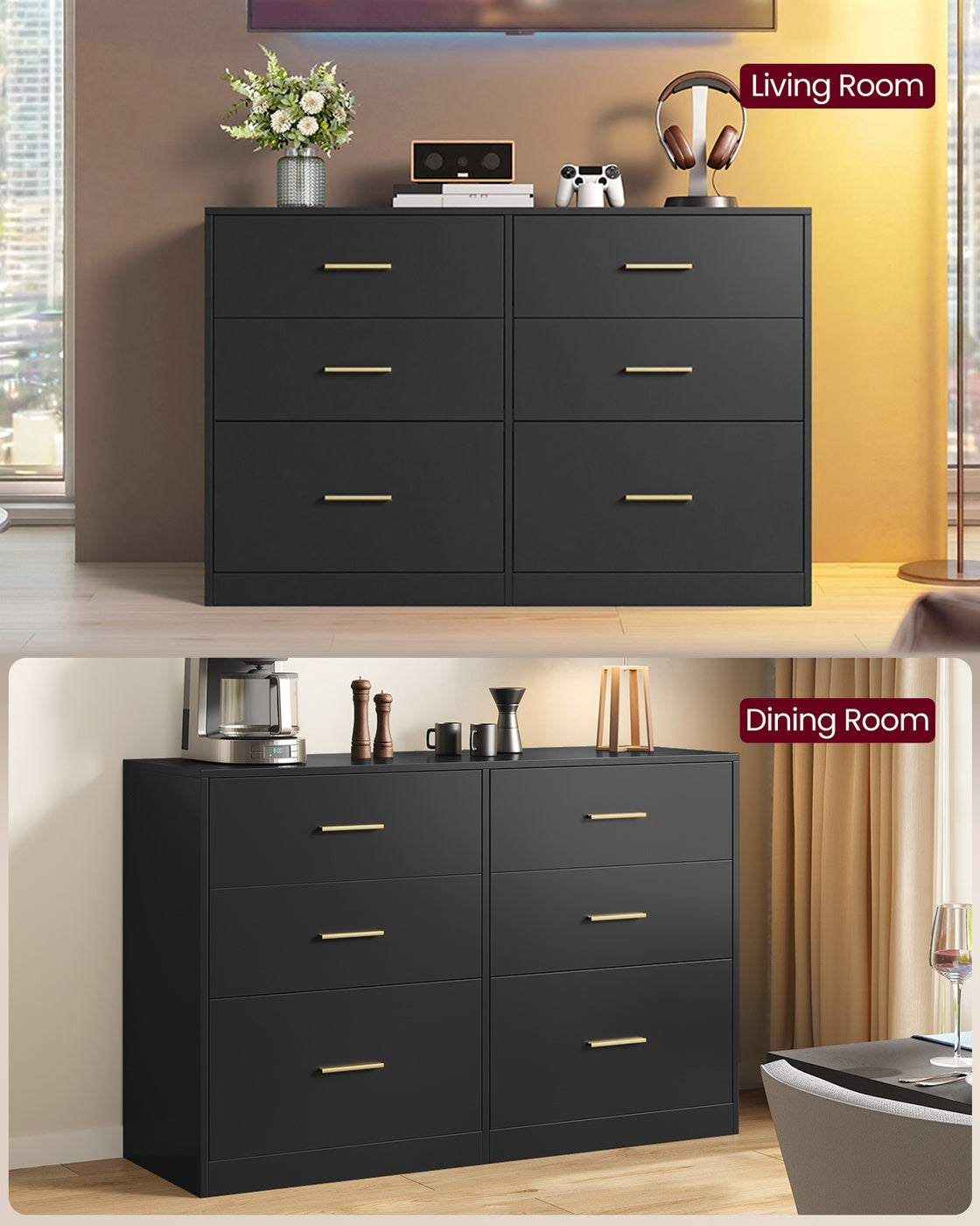 Dresser, 6-Drawer Chest, 15.8 x 46.9 x 30.7 Inches, Ink Black - image 6