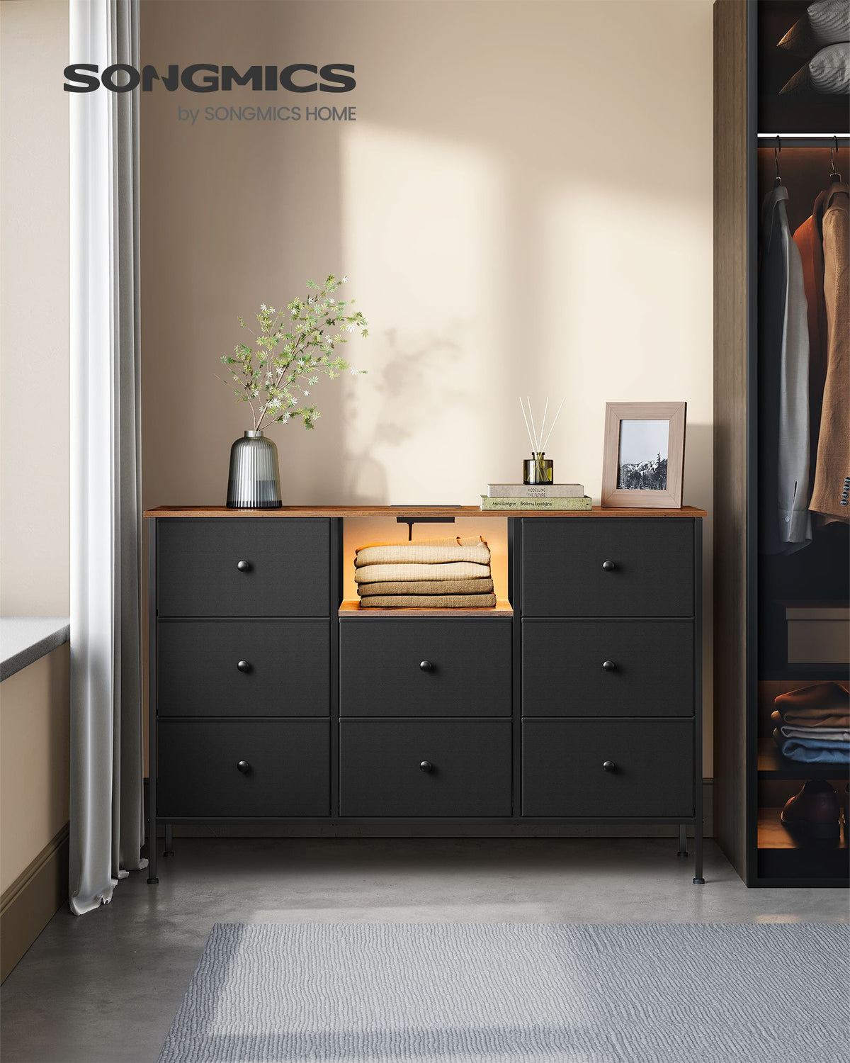 Fabric Dresser with Power Outlets and LED Lights