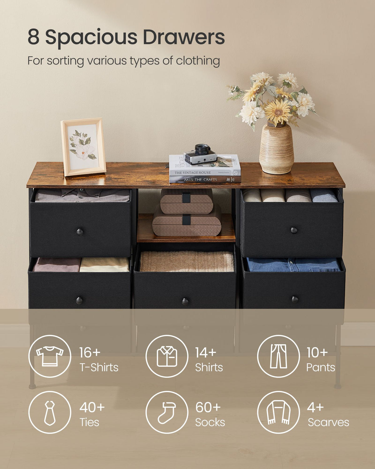 Fabric Dresser with Power Outlets and LED Lights