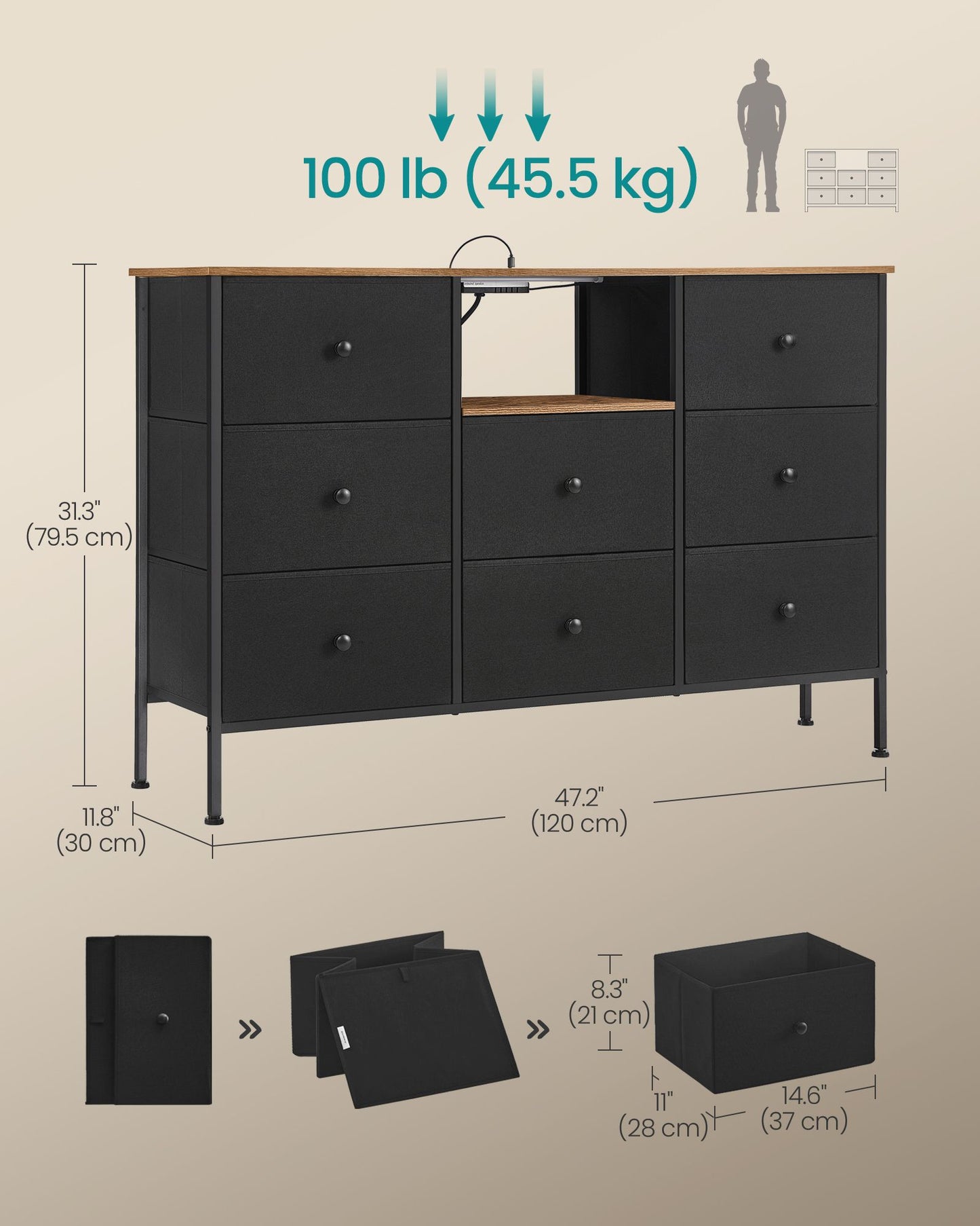 Fabric Dresser with Power Outlets and LED Lights