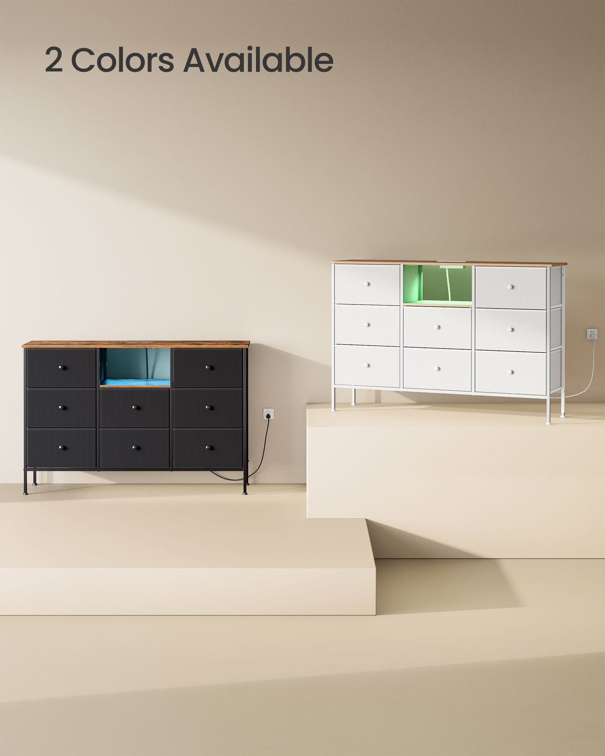 Fabric Dresser with Power Outlets and LED Lights