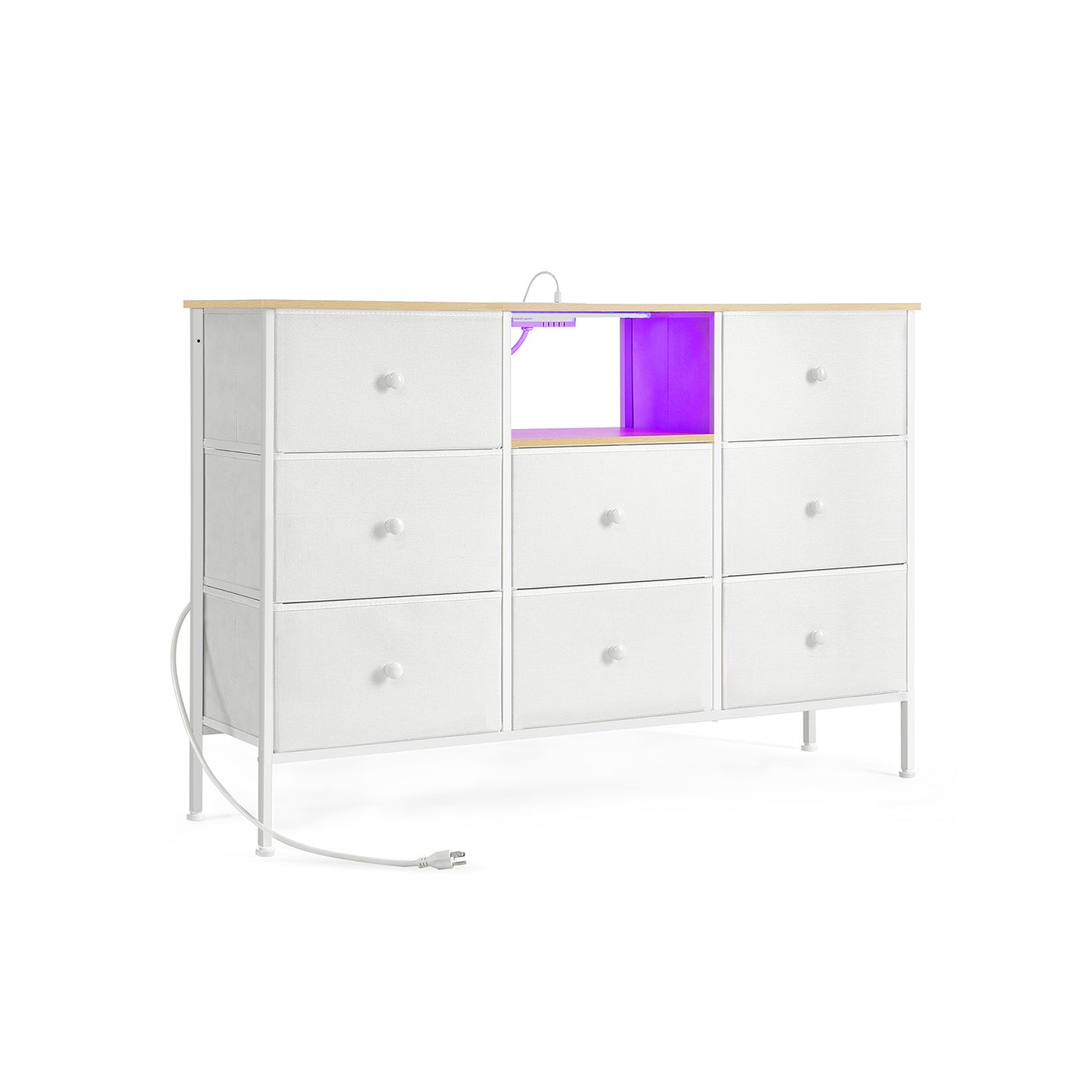 Fabric Dresser with Power Outlets and LED Lights