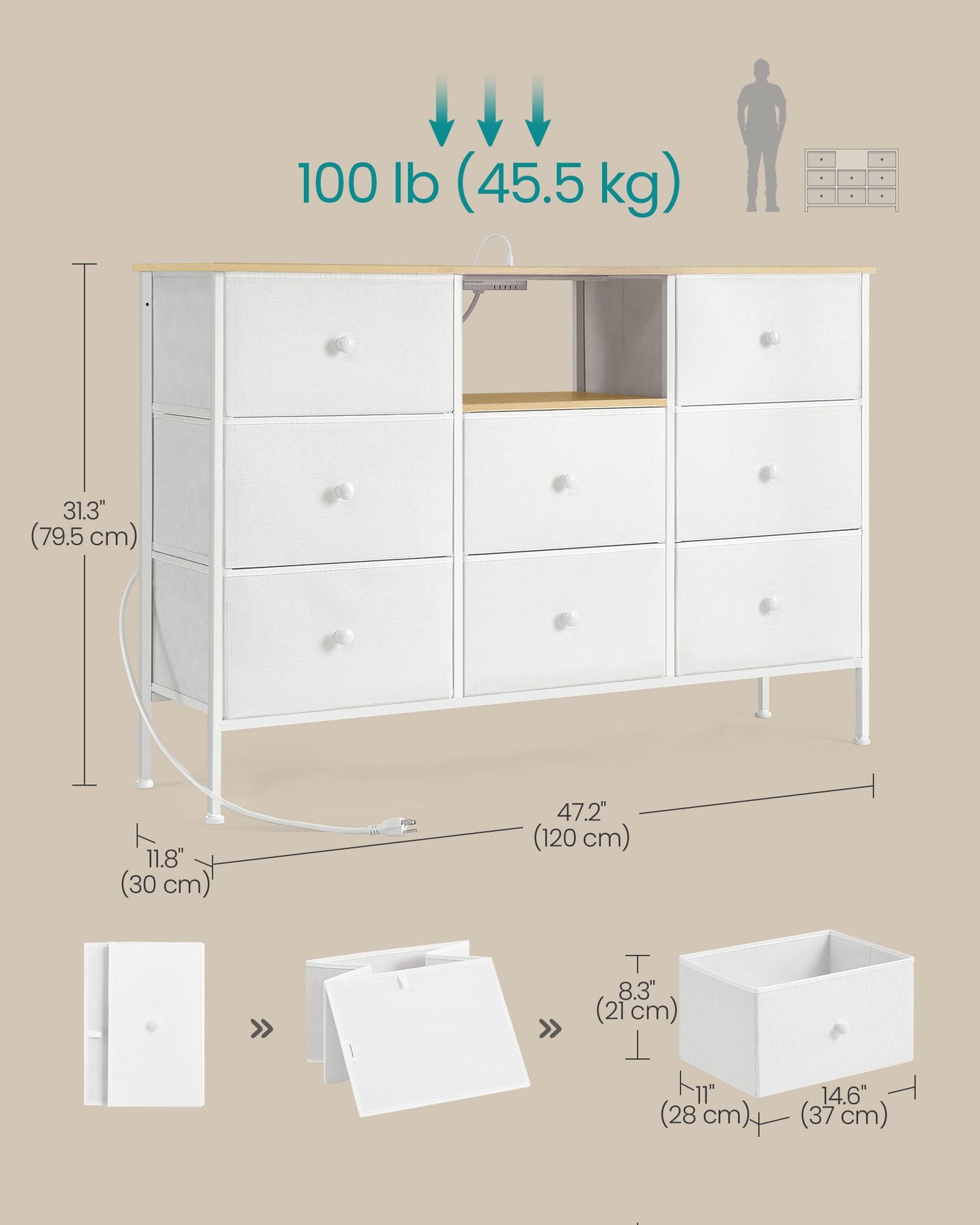 Fabric Dresser with Power Outlets and LED Lights