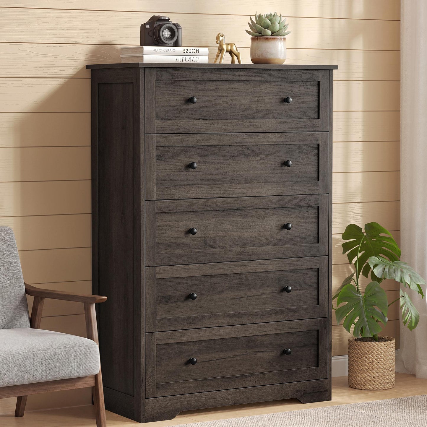 5-Drawer Dresser, Engineered Wood, 31.5"x15.7"x47.4", Taupe Brown/Honey Brown - image 36
