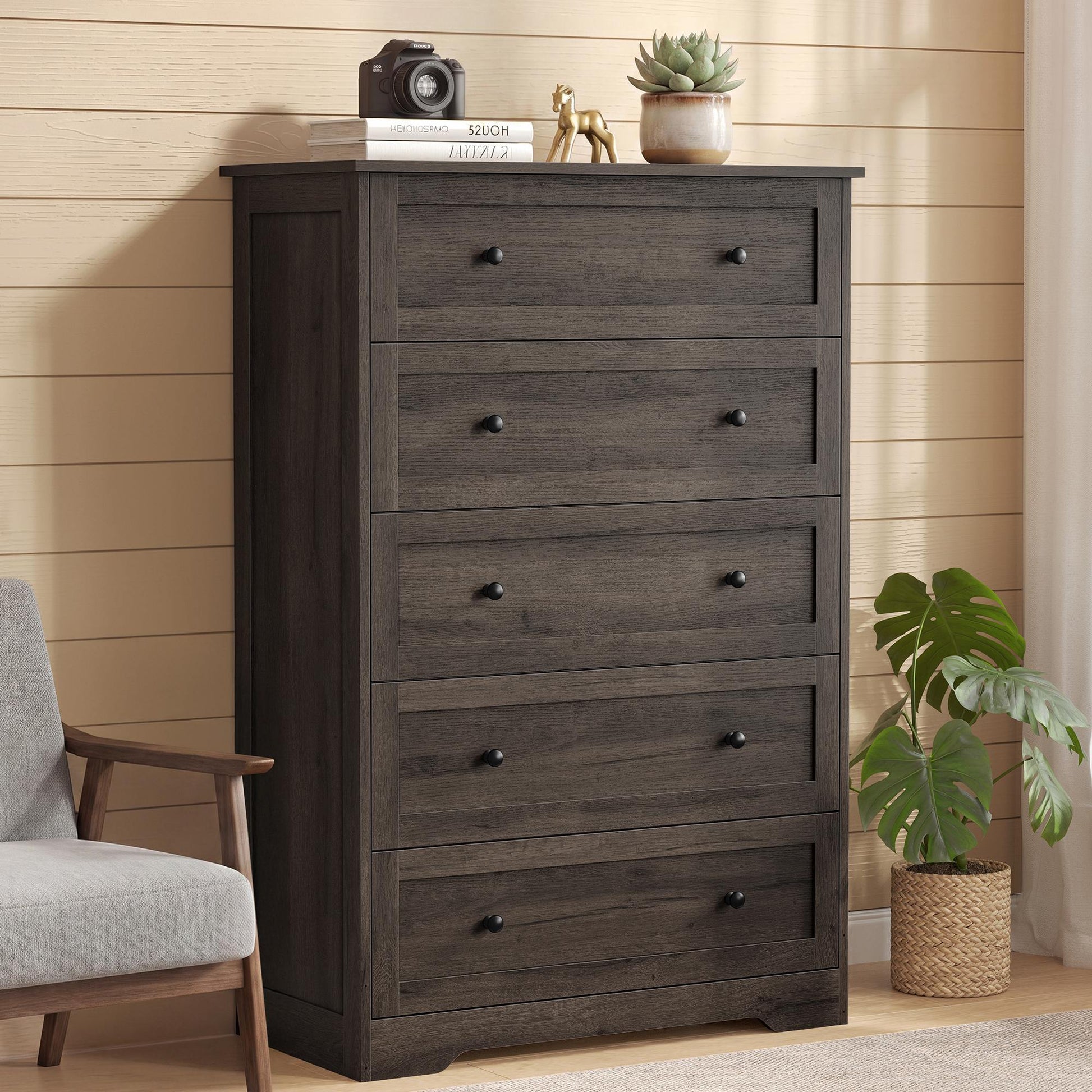 5-Drawer Dresser, Engineered Wood, 31.5"x15.7"x47.4", Taupe Brown/Honey Brown - image 36