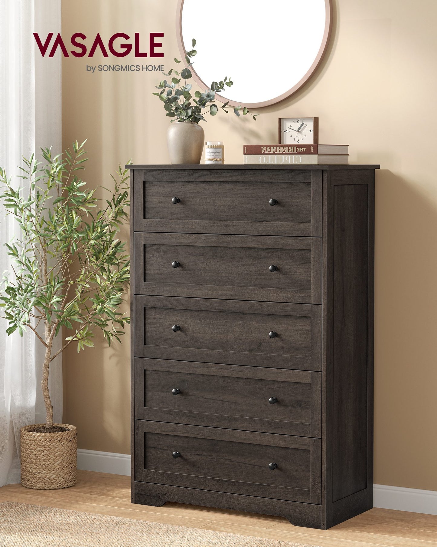 5-Drawer Dresser, Engineered Wood, 31.5"x15.7"x47.4", Taupe Brown/Honey Brown - image 2