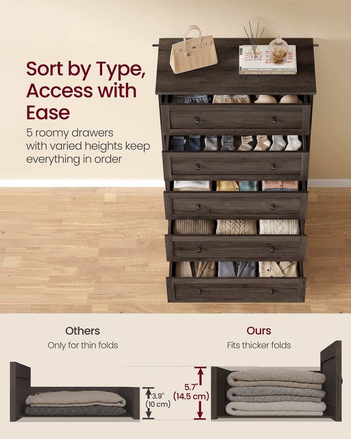 5-Drawer Dresser, Engineered Wood, 31.5"x15.7"x47.4", Taupe Brown/Honey Brown - image 3