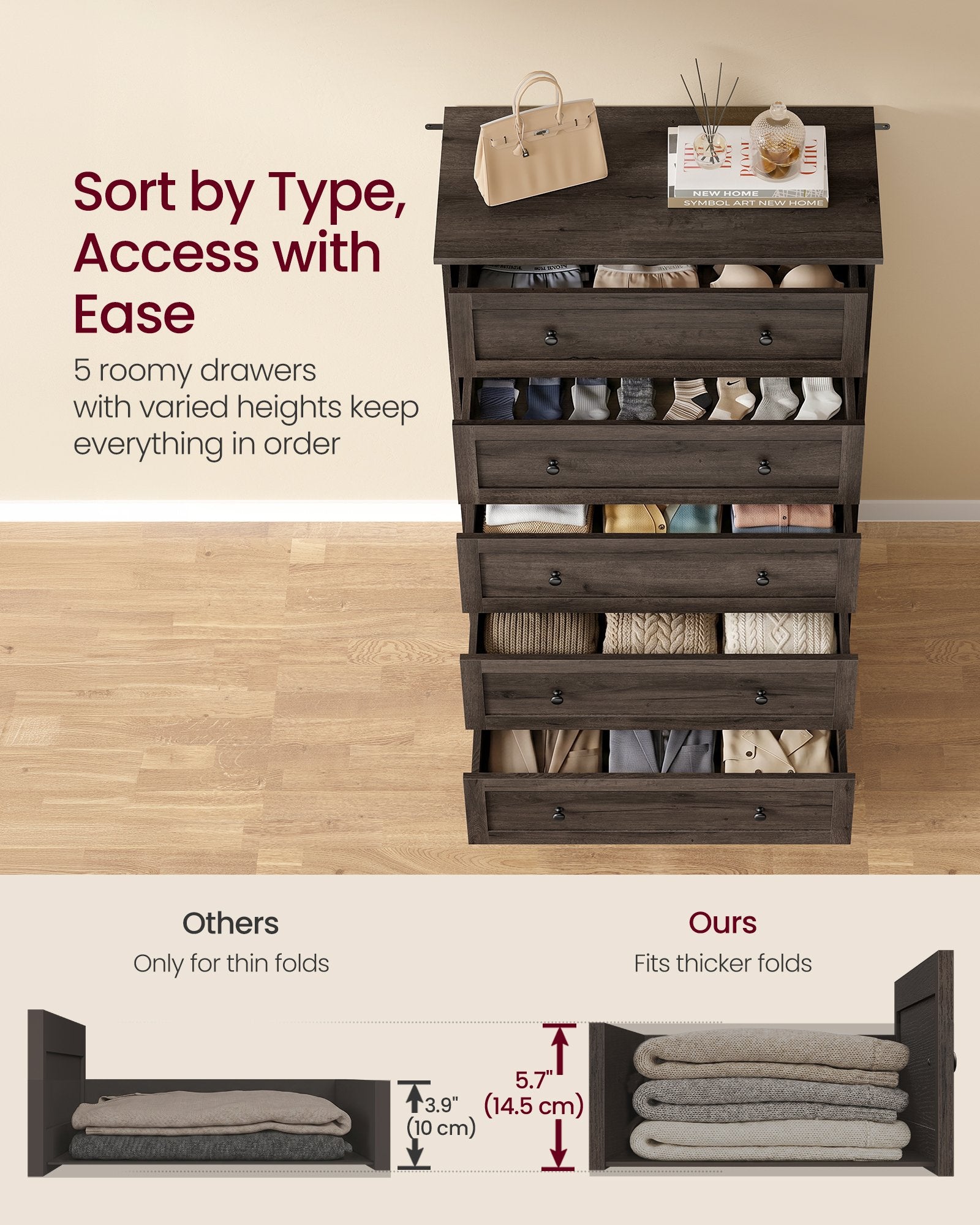 5-Drawer Dresser, Engineered Wood, 31.5"x15.7"x47.4", Taupe Brown/Honey Brown - image 3
