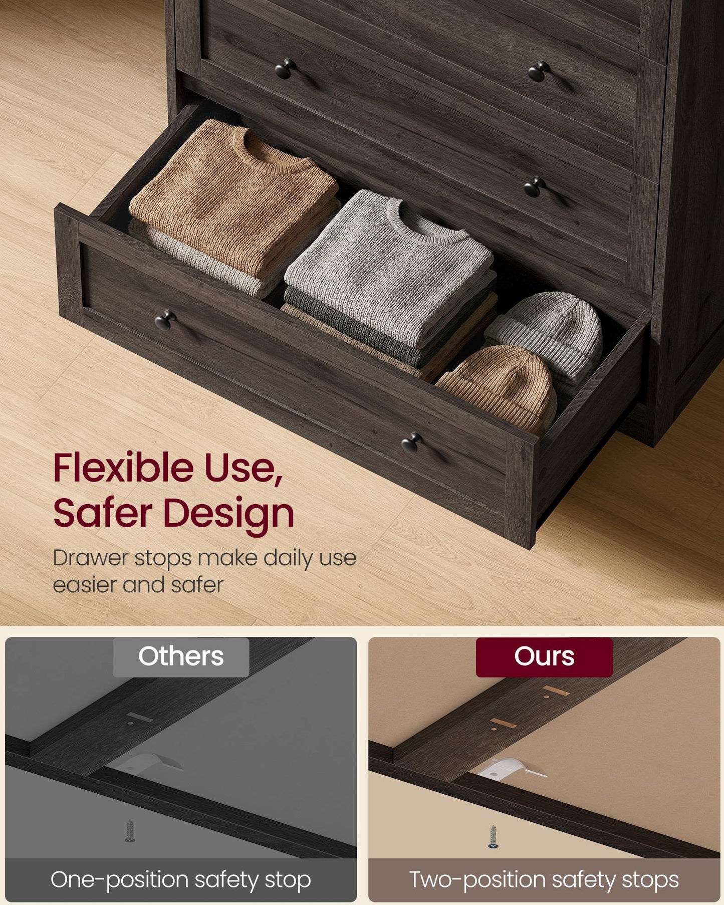 5-Drawer Dresser, Engineered Wood, 31.5"x15.7"x47.4", Taupe Brown/Honey Brown - image 4