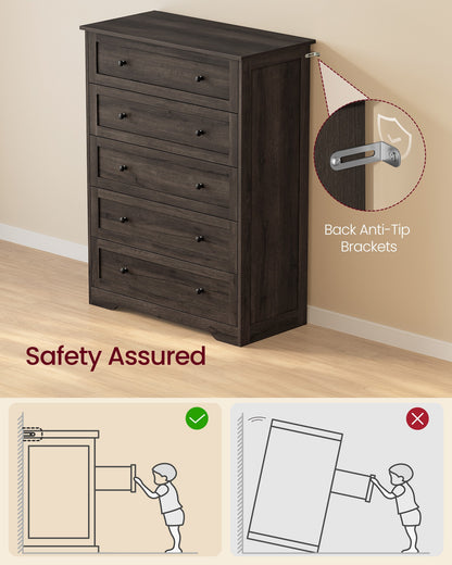 5-Drawer Dresser, Engineered Wood, 31.5"x15.7"x47.4", Taupe Brown/Honey Brown - image 5