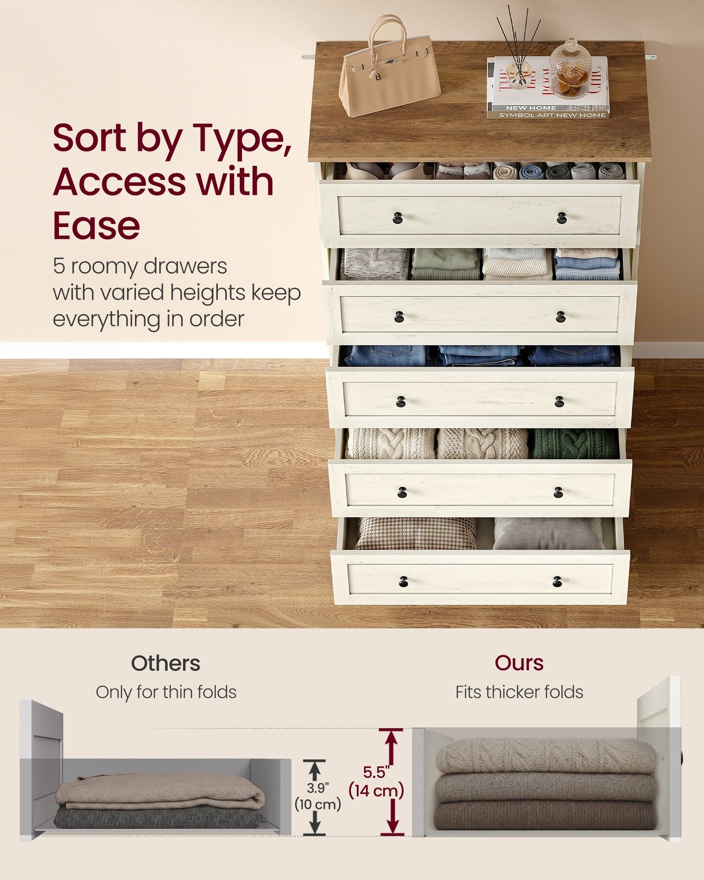 5-Drawer Dresser, Engineered Wood, 31.5"x15.7"x47.4", Taupe Brown/Honey Brown - image 10