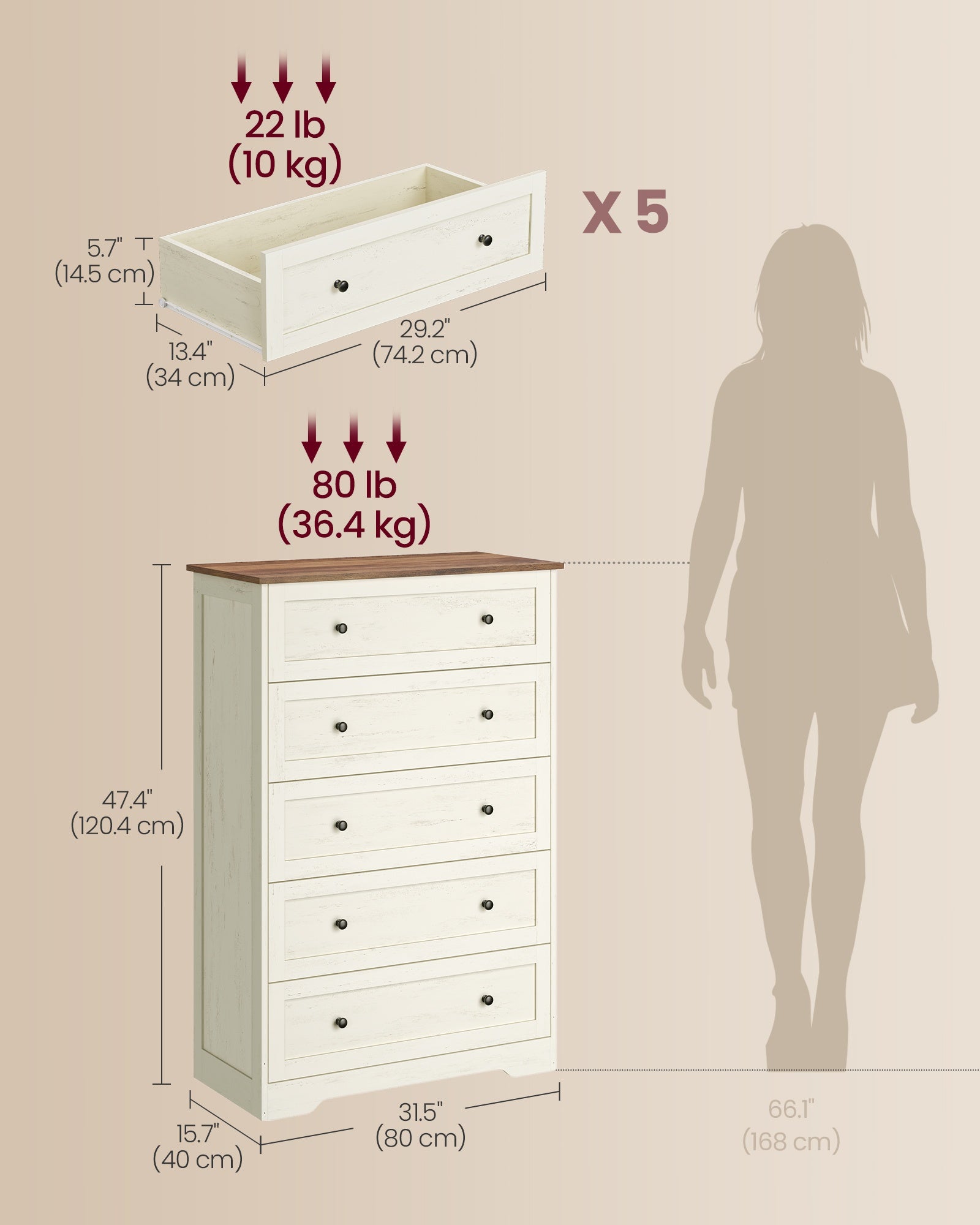 5-Drawer Dresser, Engineered Wood, 31.5"x15.7"x47.4", Taupe Brown/Honey Brown - image 13
