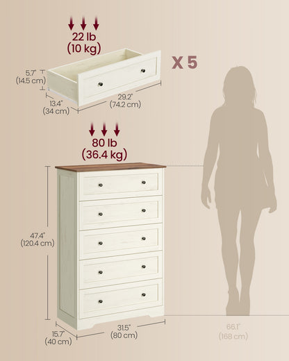 5-Drawer Dresser, Engineered Wood, 31.5"x15.7"x47.4", Taupe Brown/Honey Brown - image 13