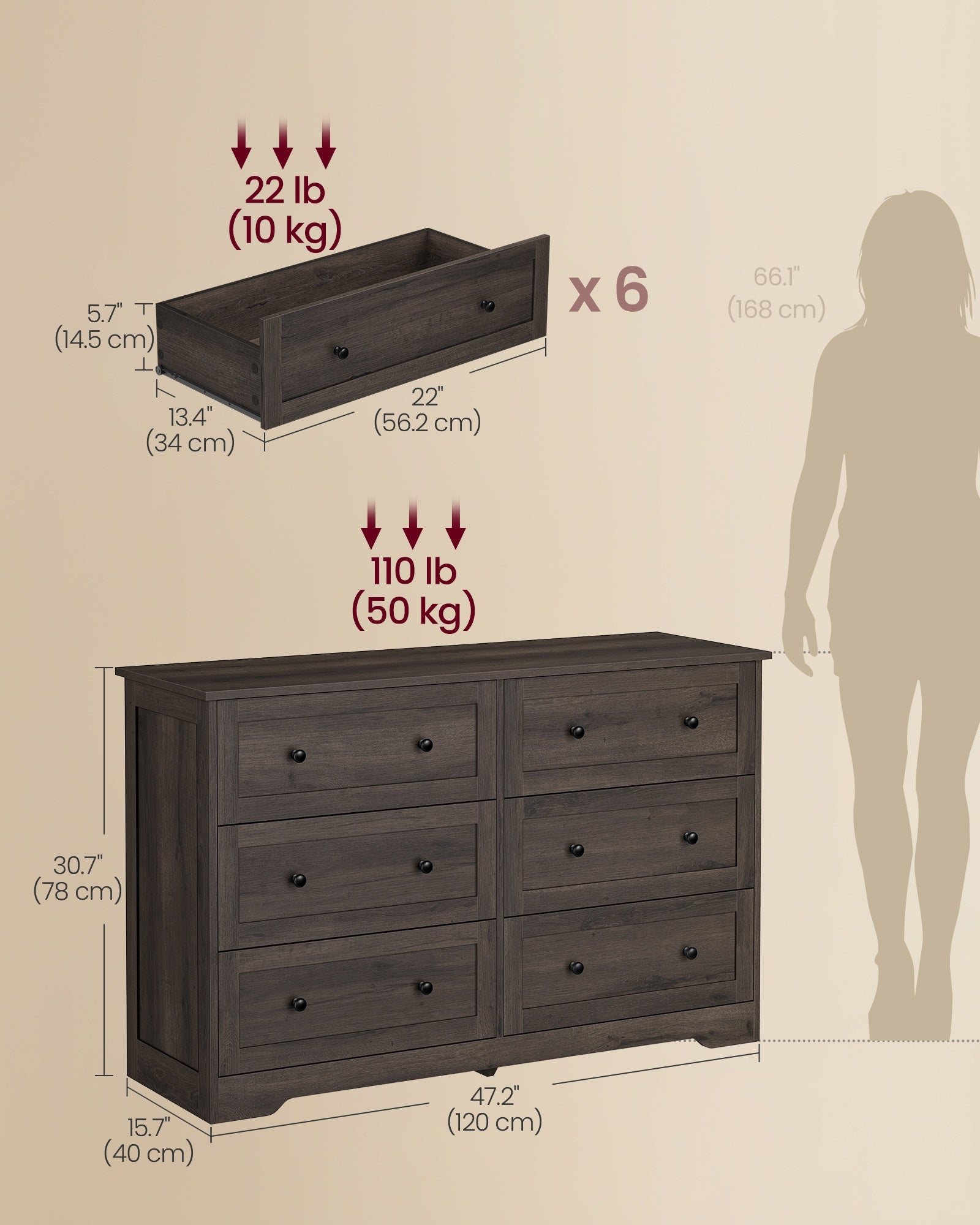 5-Drawer Dresser, Engineered Wood, 31.5"x15.7"x47.4", Taupe Brown/Honey Brown - image 27