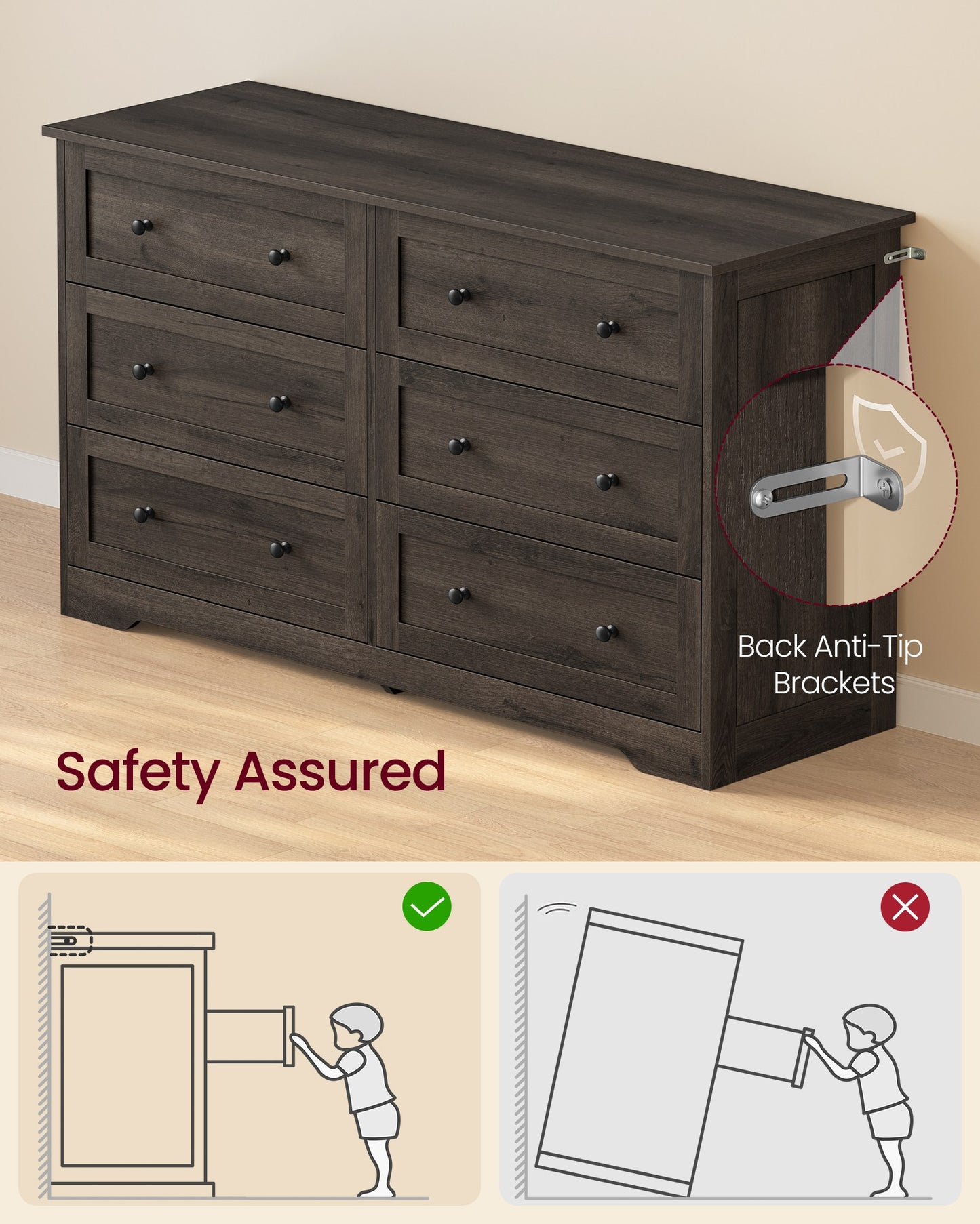5-Drawer Dresser, Engineered Wood, 31.5"x15.7"x47.4", Taupe Brown/Honey Brown - image 26