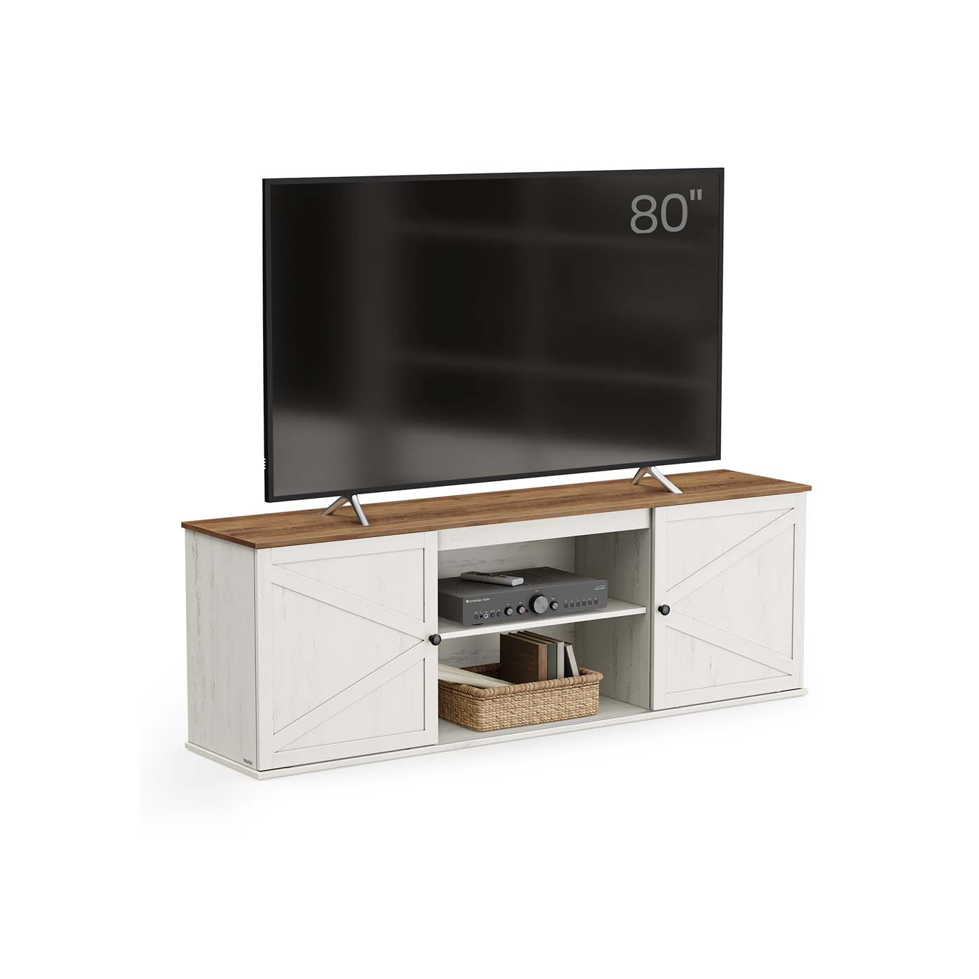 Farmhouse TV stand with storage cabinets and sliding barn doors