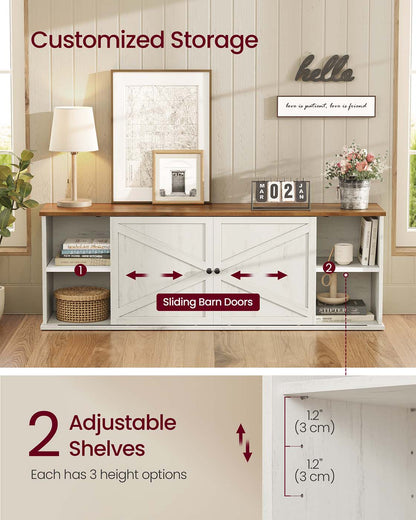 Farmhouse TV stand with storage cabinets and sliding barn doors