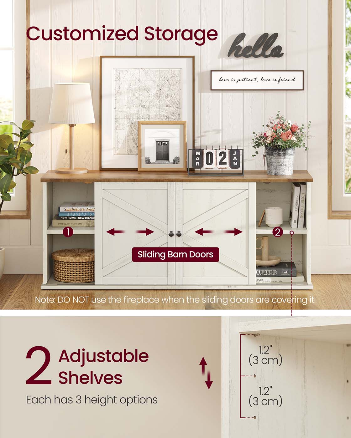 Farmhouse TV stand with storage cabinets and sliding barn doors