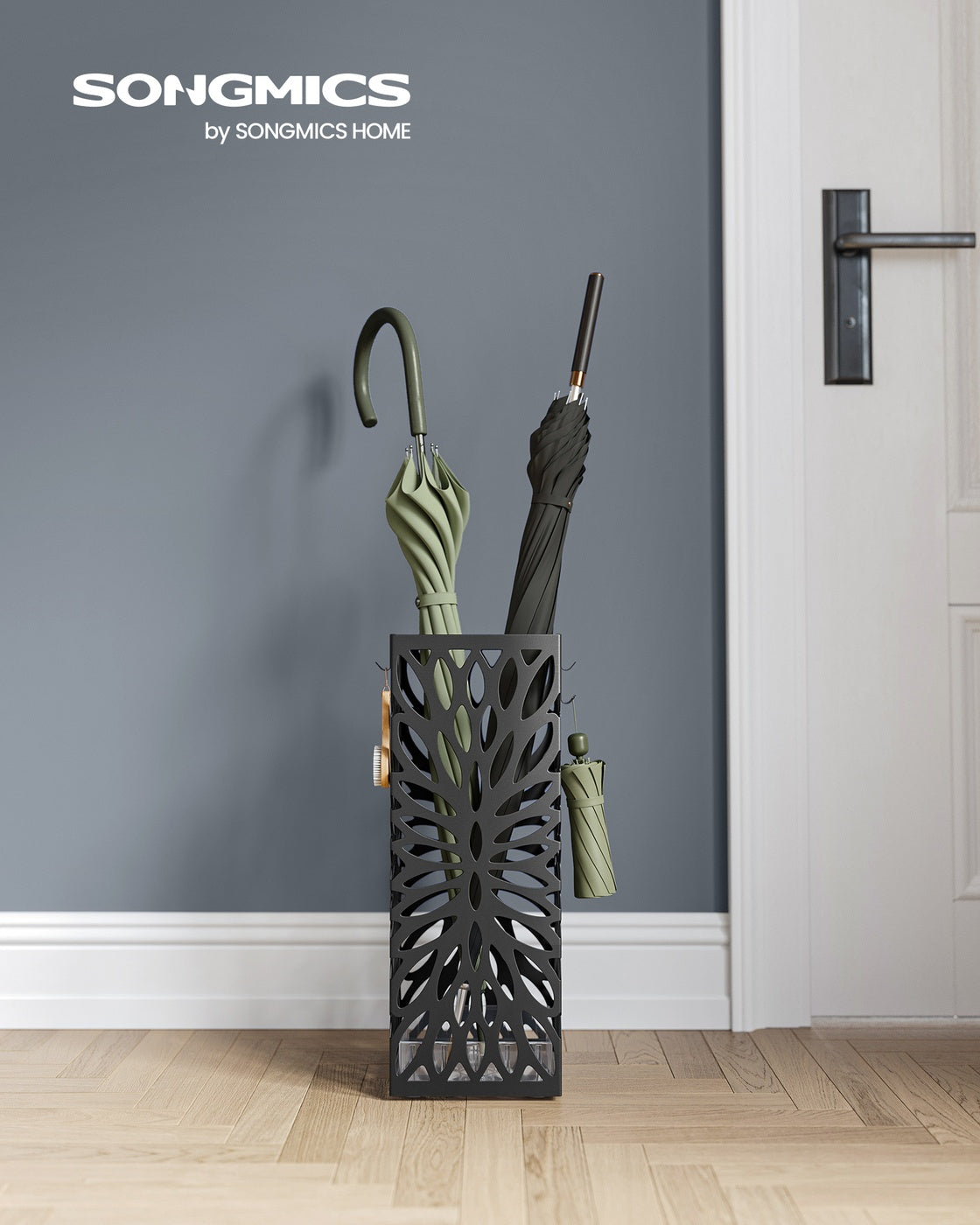 Black Steel Umbrella Stand with Drip Tray