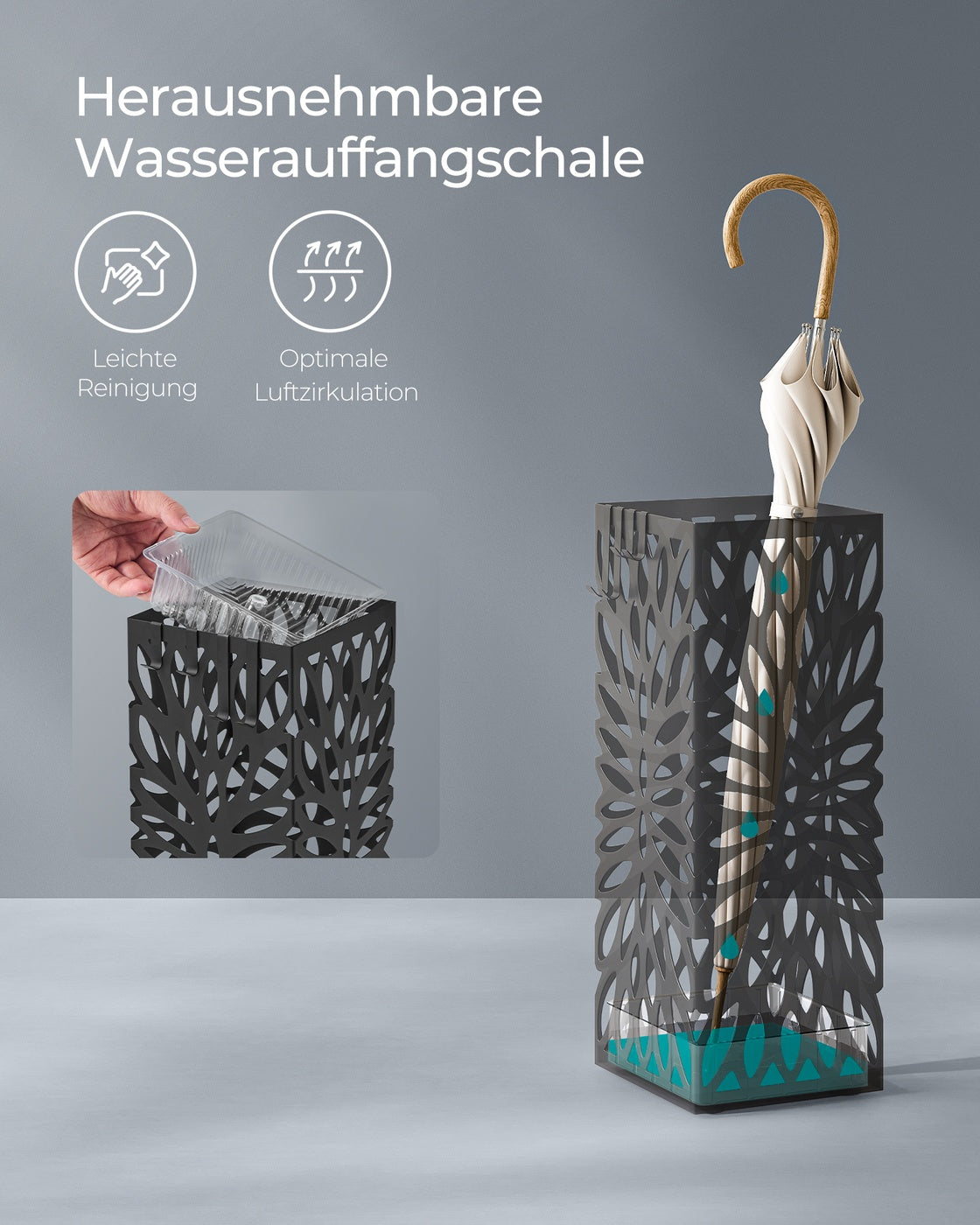 Black Steel Umbrella Stand with Drip Tray