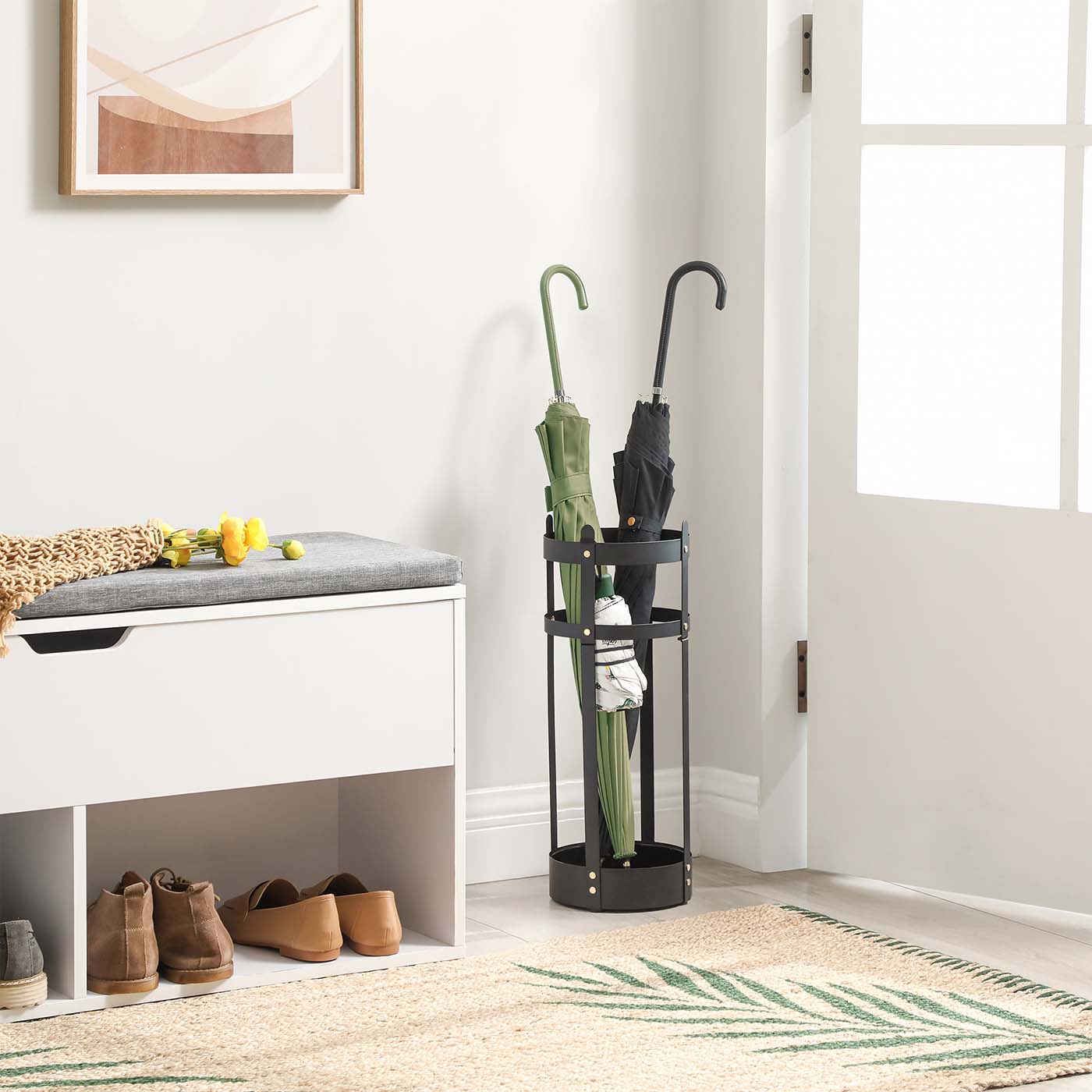 Steel umbrella stand with round holder and detachable drip tray