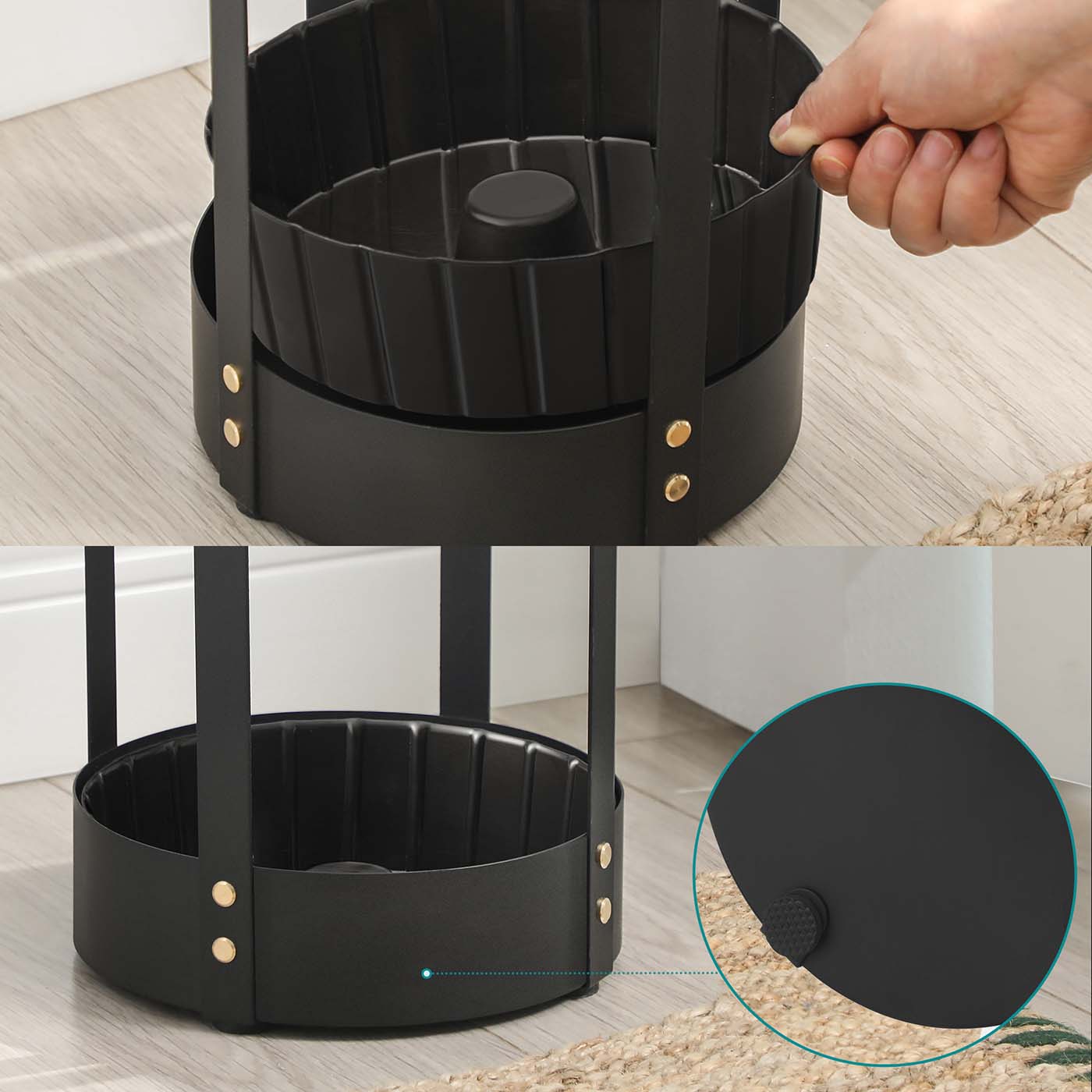 Steel umbrella stand with round holder and detachable drip tray