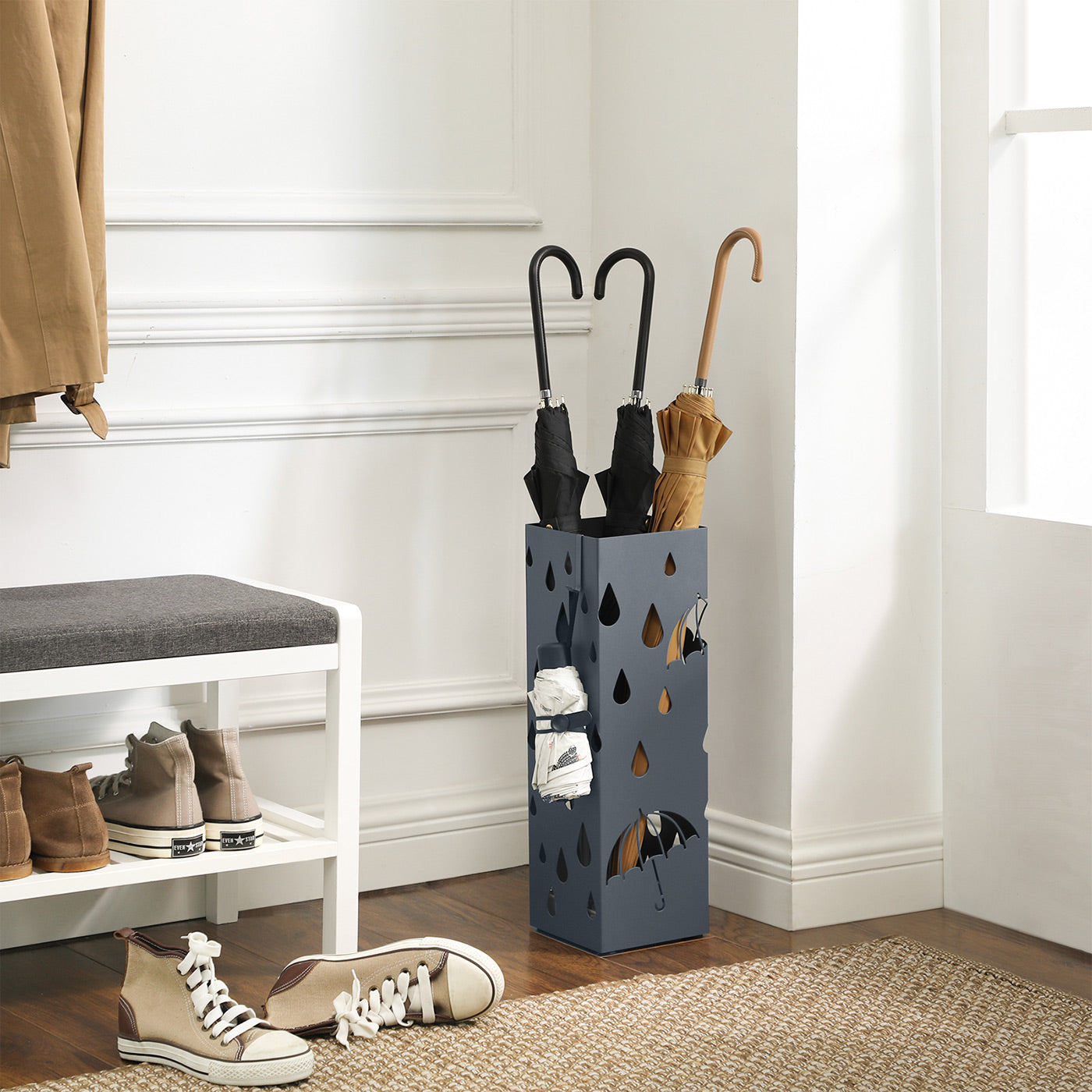 Grey Umbrella Stand Holder with Hooks - image 3